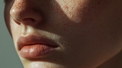 Fototapeta premium Close-up of authentic human skin highlighting stretch marks and acne scars, showcasing the beauty of natural, unedited features with subtle freckles.