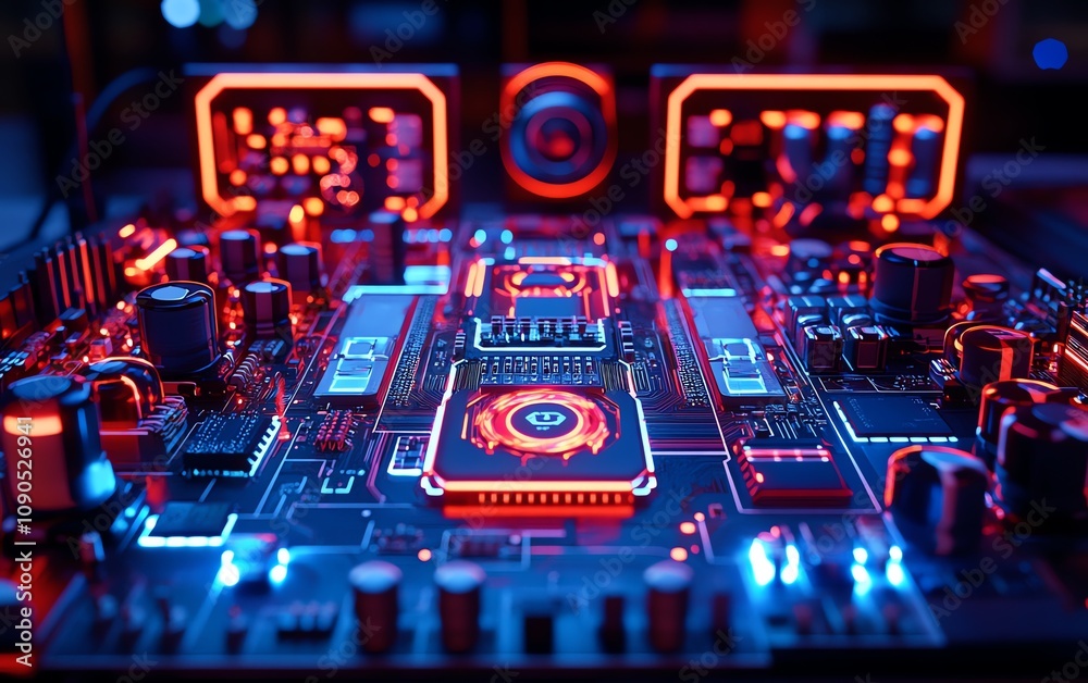 Poster a futuristic circuit board with glowing neon red and blue lights, set in a hightech technology lab a