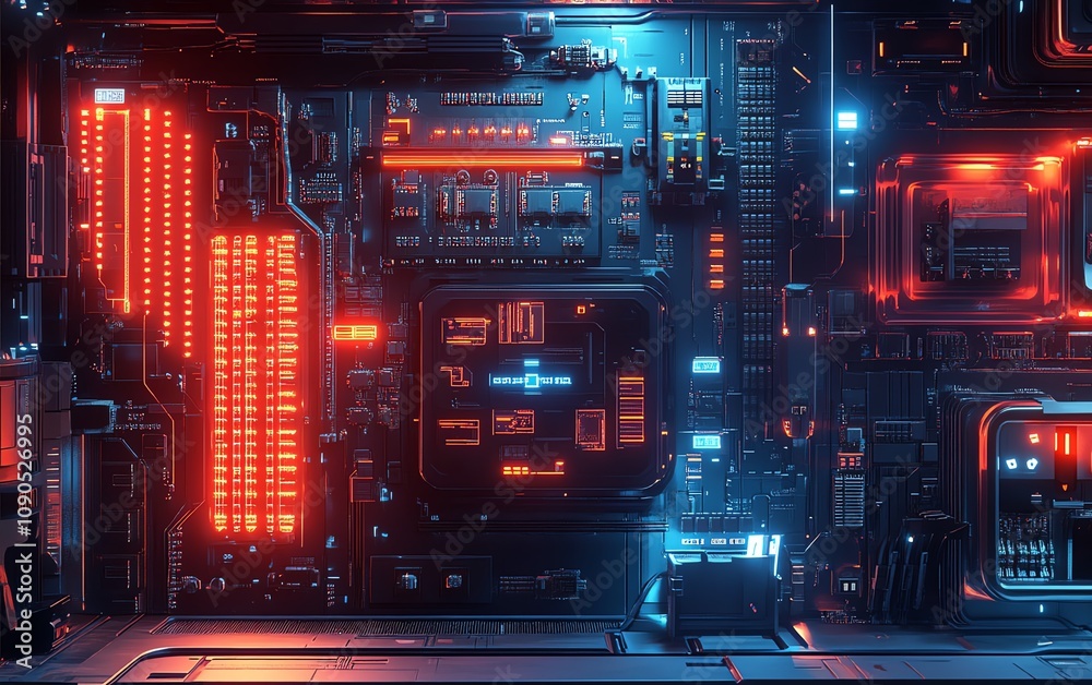 Poster a futuristic circuit board with glowing neon red and blue lights, set in a hightech technology lab a