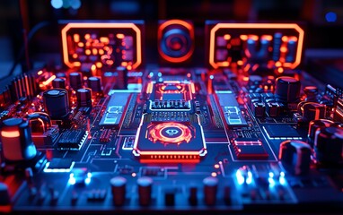 A futuristic circuit board with glowing neon red and blue lights, set in a hightech technology lab at night, showcasing intricate electronic components and vibrant lighting