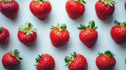 Vibrant display of fresh strawberries arranged in a neat pattern against a bright white background, highlighting their juicy texture and natural shine.