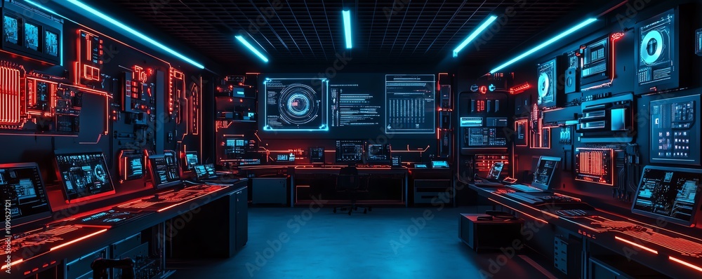 Aufkleber a glowing circuit board with neon red and blue highlights, situated in a futuristic technology lab a