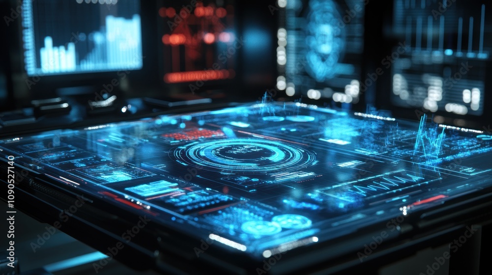 Poster Futuristic digital interface displaying data and analytics on a transparent screen.