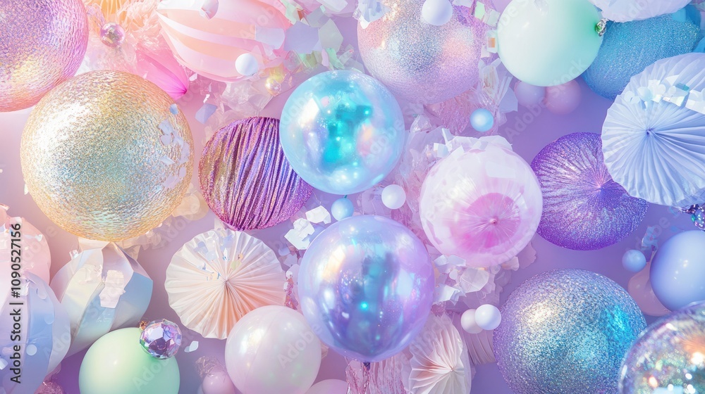 Poster a vibrant arrangement of colorful decorative balls and elements creating a festive atmosphere.