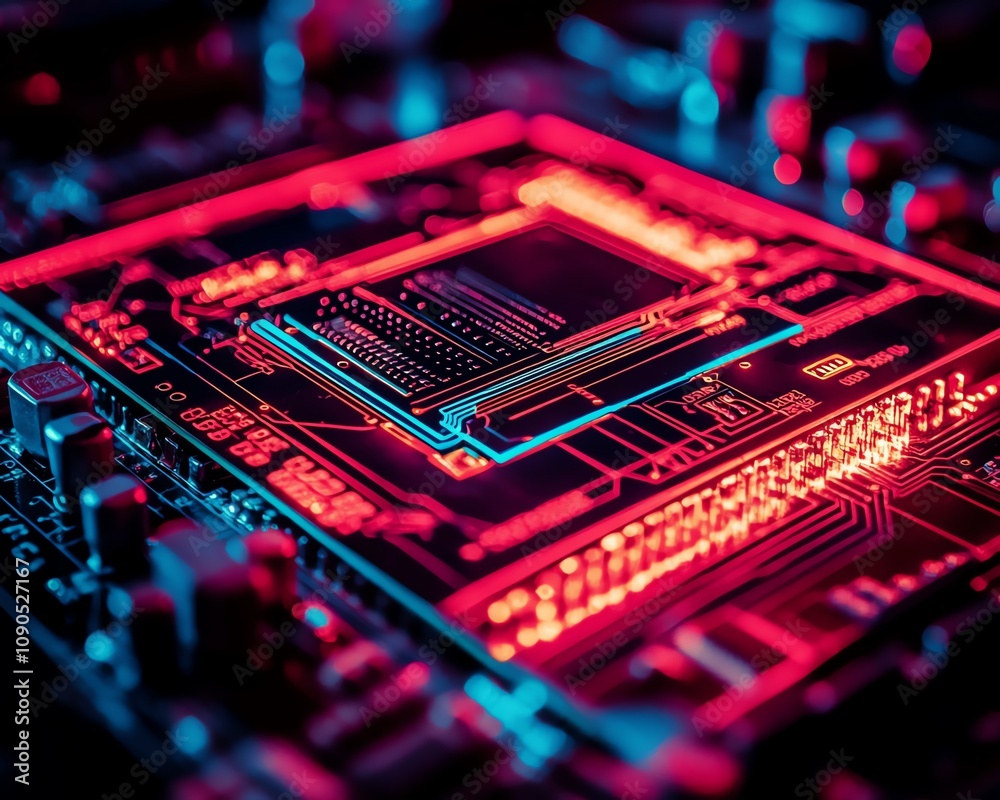 Fototapete A glowing, hightech circuit board with neon red and blue lights in a dark technology lab at night, emphasizing advanced electronic components and an immersive technological setting