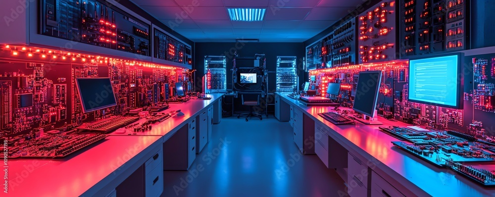 Aufkleber a glowing circuit board with neon red and blue highlights, situated in a futuristic technology lab a
