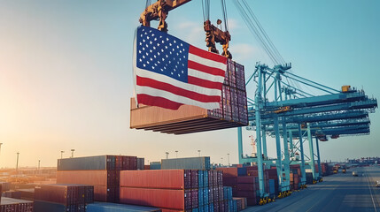 Port crane lifting American flag container symbolizing global shipping and trade from the USA