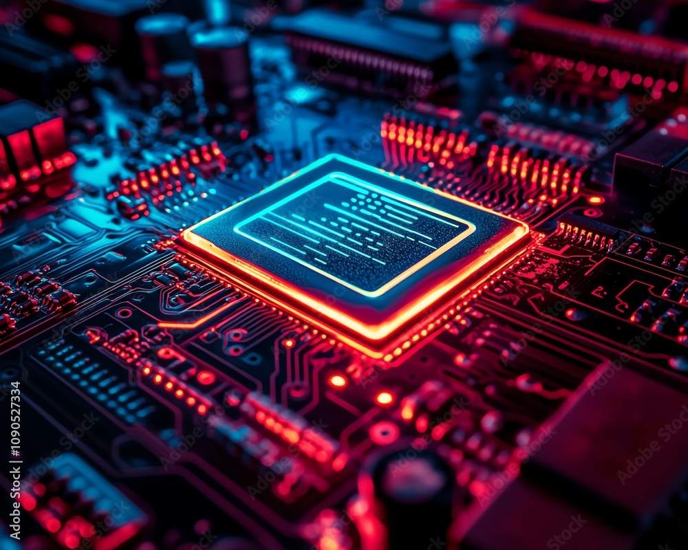 Leinwandbilder a glowing, hightech circuit board with neon red and blue lights in a dark technology lab at night, e
