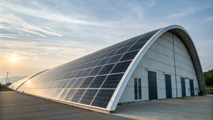 Smooth solar laminates adorning a sleek arching building.