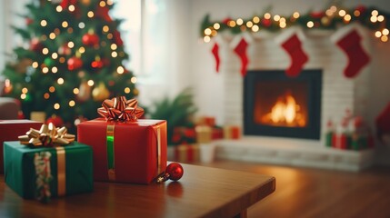 Cozy Christmas scene with gifts, a decorated tree, and a glowing fireplace.