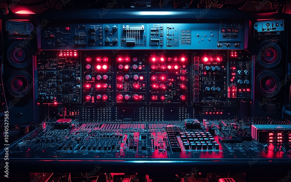 Poster a modern circuit board illuminated with neon red and blue lights, set in a dark technology lab at ni
