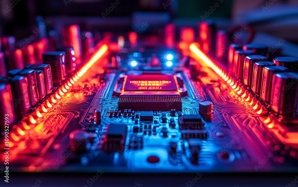 Poster a modern circuit board illuminated with neon red and blue lights, set in a dark technology lab at ni