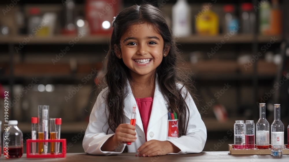 Poster A young girl in a lab coat smiles while holding a test tube in a science lab setting.