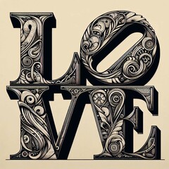 An artistic depiction of the word LOVE with intricate, ornate designs.