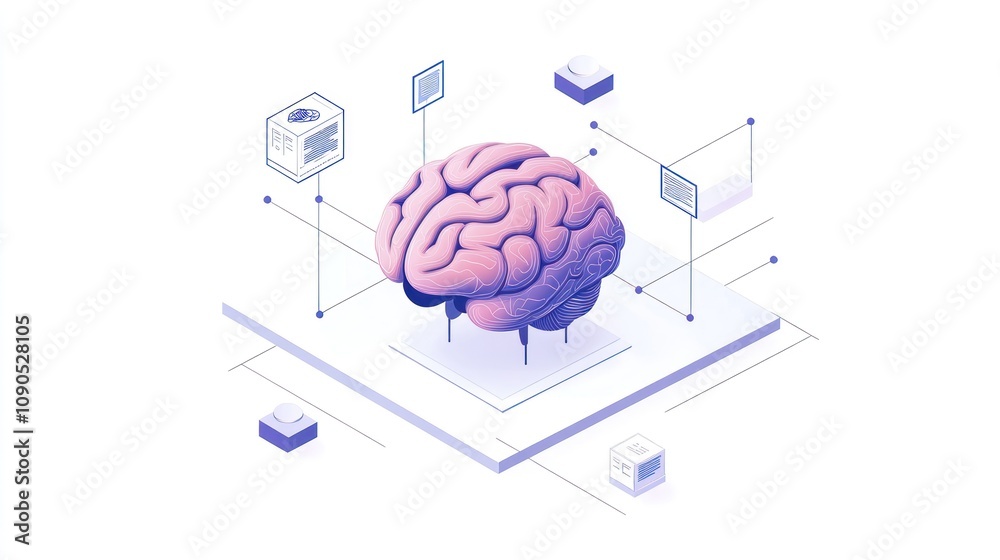 Poster a stylized brain surrounded by digital elements, symbolizing technology and intelligence.
