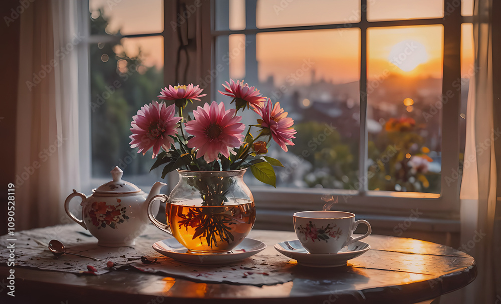 Aufkleber a table with a vase of flowers and a teapot. the vase is filled with pink flowers and the teapot is 