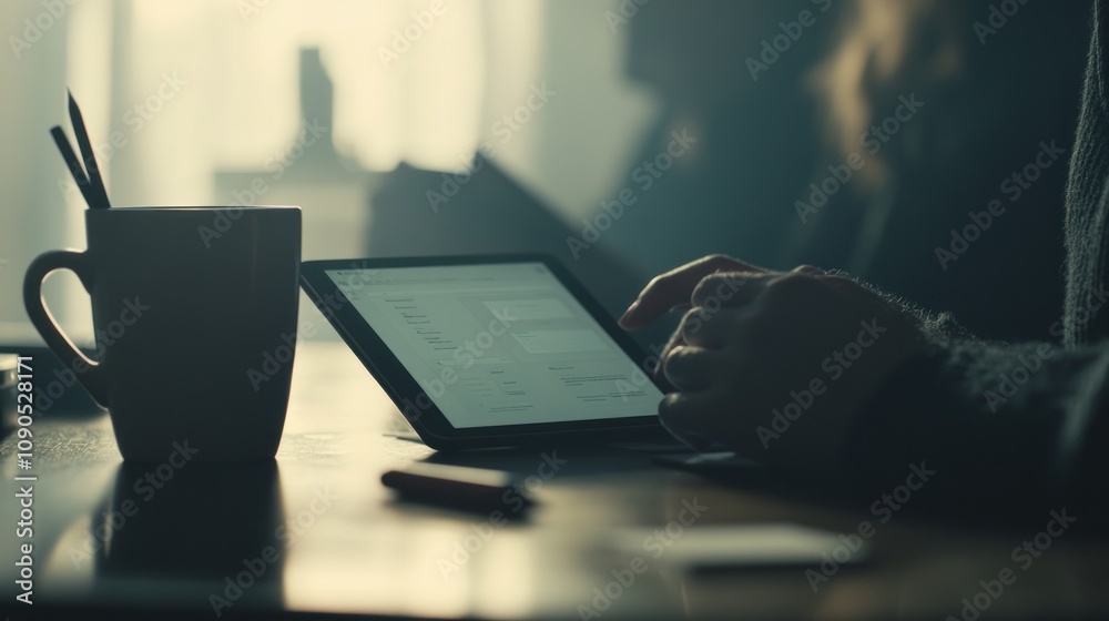 Poster A person using a tablet while seated at a table with a mug, immersed in work or study.