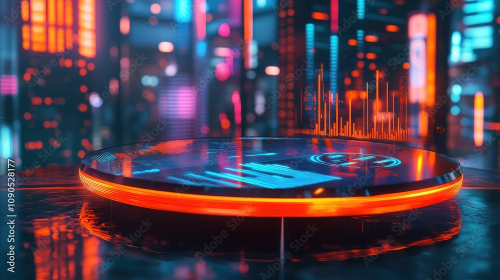 Aufkleber A futuristic display platform with vibrant neon lights and data visualization elements.