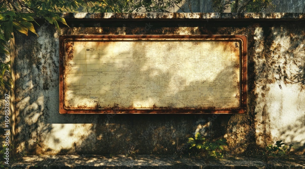 Poster A weathered sign on a rustic wall, partially obscured by surrounding foliage.