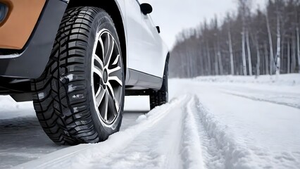 A vehicle navigates a snowy road, showcasing winter tires designed for traction on icy surfaces. The surrounding landscape features snow-covered trees and a serene atmosphere.