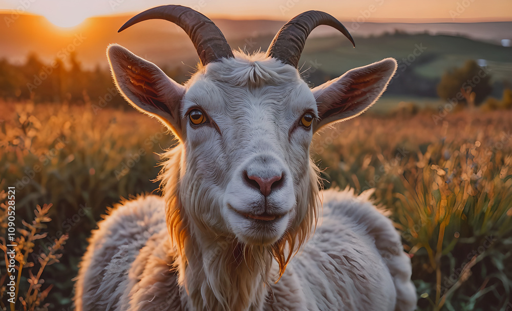Poster a goat with horns is standing in a field. the goat has a white face and is looking at the camera