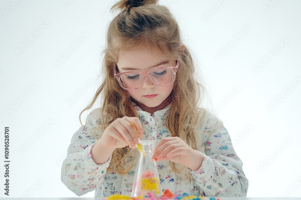 Poster A child experiments with colorful substances in a laboratory setting.