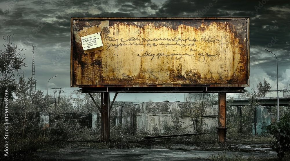 Poster A dilapidated billboard in a desolate landscape, featuring faded writing and rust.