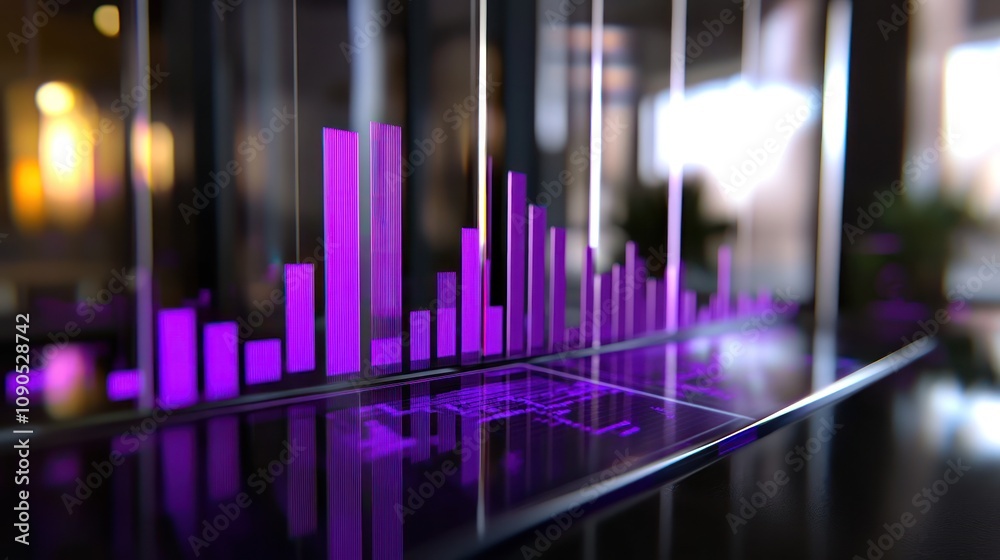 Aufkleber A futuristic data visualization with purple bars representing statistical information.