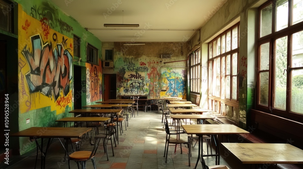 Aufkleber an empty classroom with colorful graffiti on the walls and wooden tables.