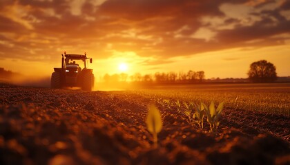 Fototapeta premium An agricultural landscape bathed in sunset light, with a tractor tilling the soil and a fresh plant sprouting in the rich earth, symbolizing the cycle of farming and growth