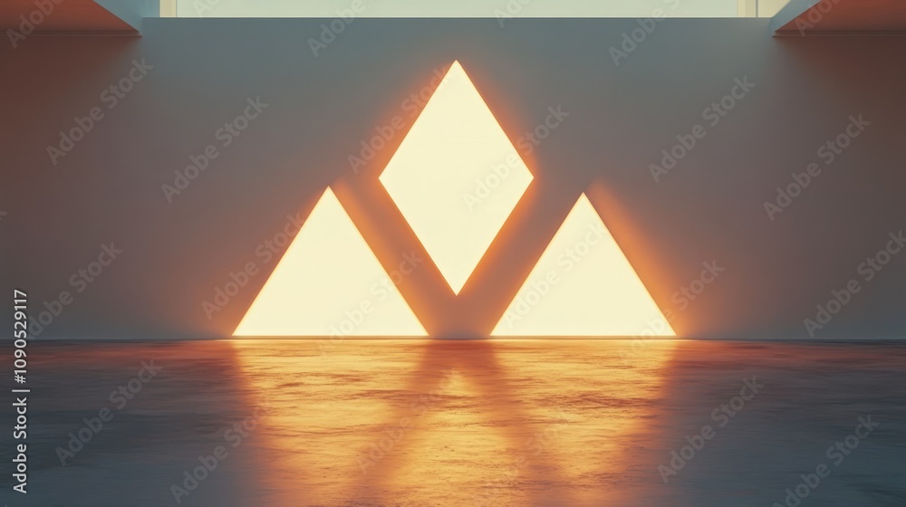Poster a minimalist interior featuring illuminated triangular shapes against a wall.