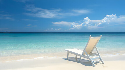 A White Lounger Chair on a Sandy Beach with Blue Sky, Turquoise Waters, and a Small Island in the Distance