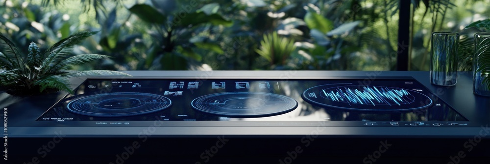 Poster a sleek dj setup with digital turntables amidst lush greenery.