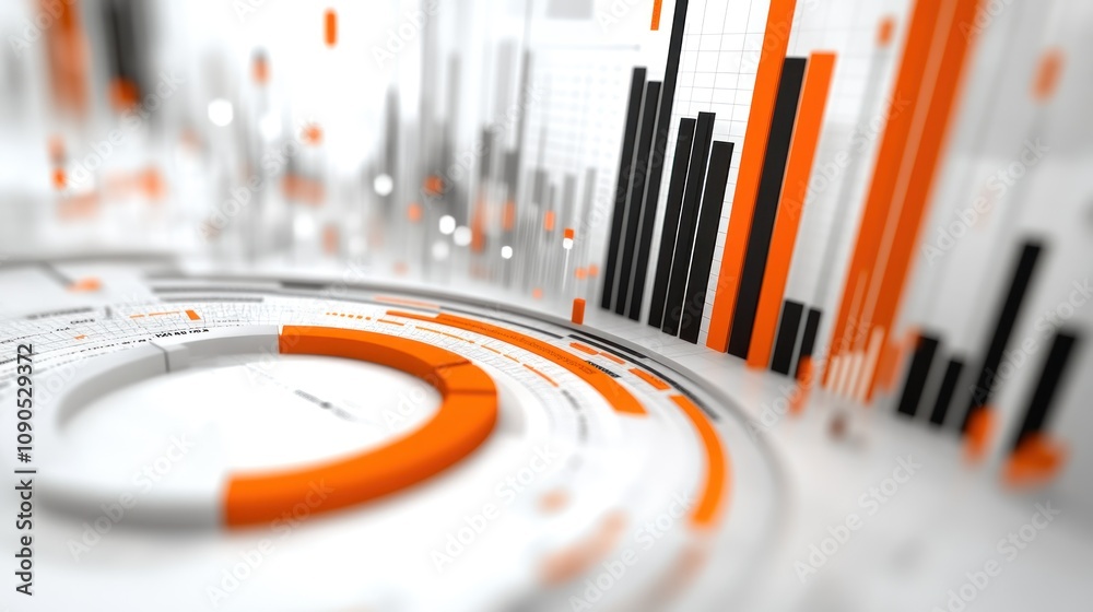 Aufkleber Abstract data visualization with circular and bar graphs in orange and black tones.