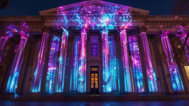 Colorful light projections on a classical building at night.
