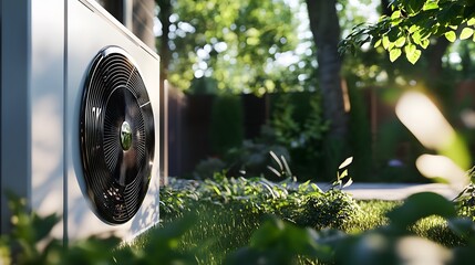 A close-up of an air source heat pump in the backyard, showcasing its energy-efficient design and modern aesthetics. The surrounding greenery adds to the eco-friendly vibe.