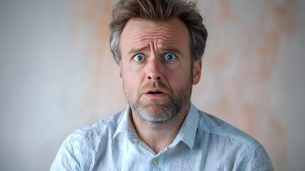 Obraz premium man listens to the news with disbelief and looks astonished into the camera