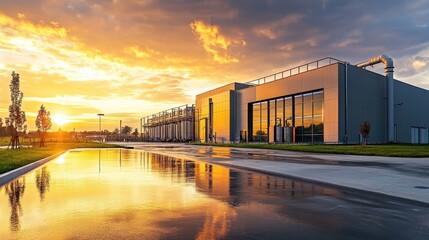 Obraz premium Modern industrial building reflecting sunset in a serene environment.