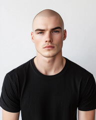 Obraz premium A portrait of a bald young man in a black t-shirt