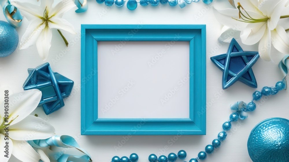 Poster a turquoise frame surrounded by decorative elements for a creative display.