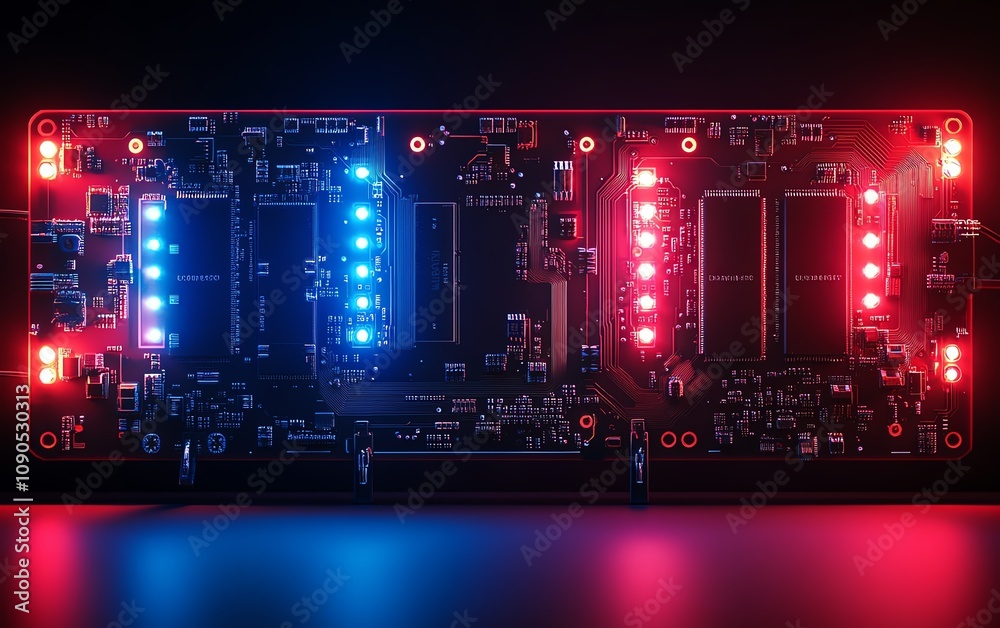 Aufkleber detailed modern circuit board with neon red and blue illumination in a dark technology lab, capturin