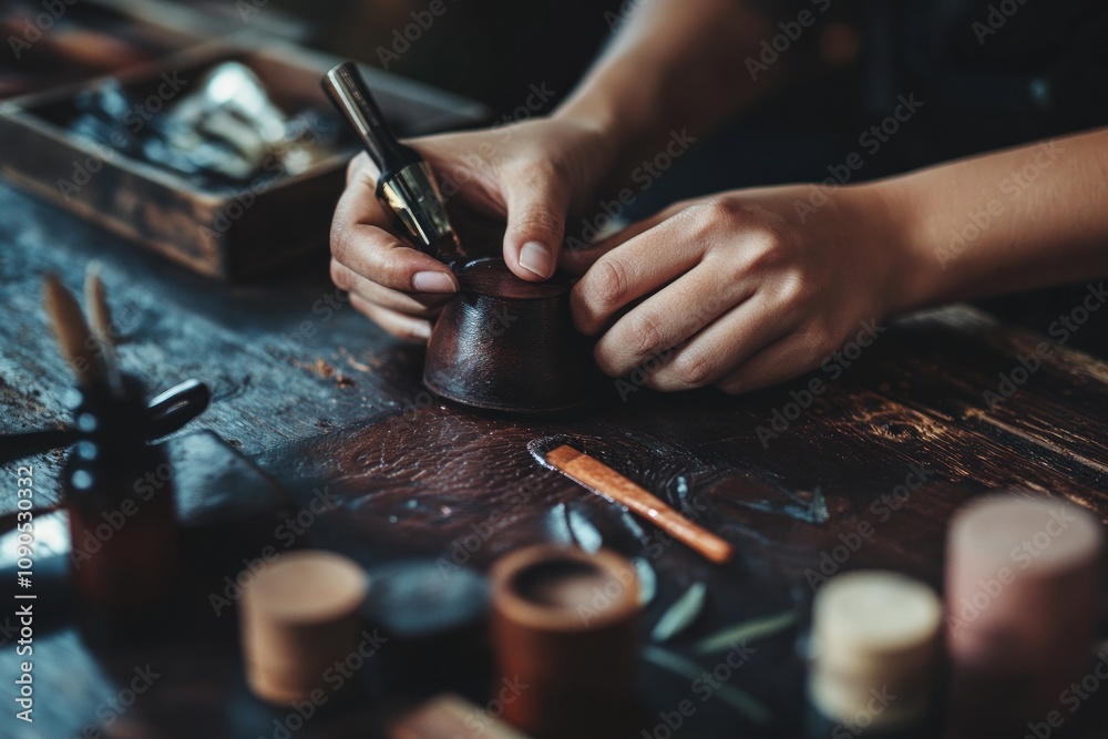 Aufkleber a person crafting with tools on a wooden table, surrounded by various materials and objects.