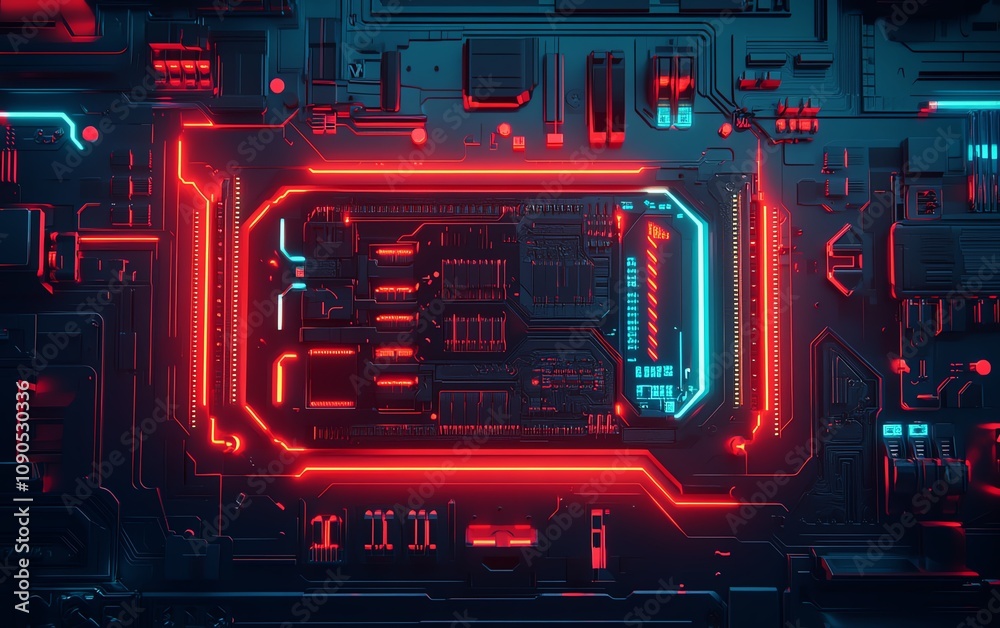 Poster detailed modern circuit board with neon red and blue illumination in a dark technology lab, capturin