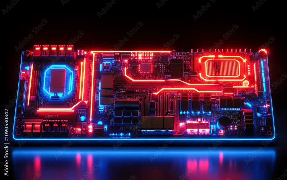 Aufkleber Detailed modern circuit board with neon red and blue illumination in a dark technology lab, capturing the essence of cuttingedge electronics and futuristic design