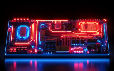 Obraz premium Detailed modern circuit board with neon red and blue illumination in a dark technology lab, capturing the essence of cuttingedge electronics and futuristic design