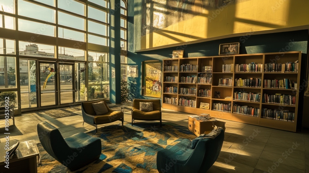 Poster a cozy library space with comfortable seating and shelves filled with books, illuminated by sunlight