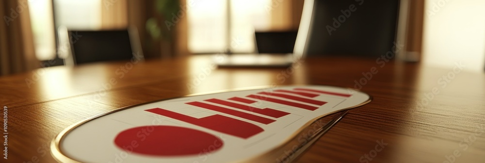 Poster a close-up of a logo on a conference table with a laptop in the background.