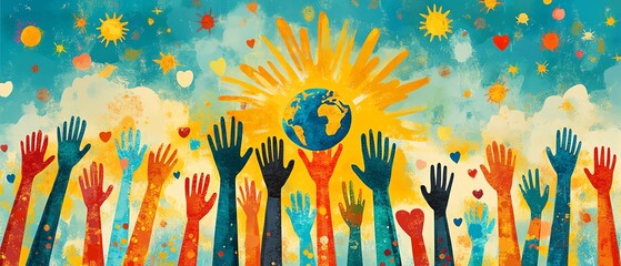 A bright and colorful clip art illustration of diverse hands with varying skin tones holding the earth and heart symbols, radiating warmth and togetherness