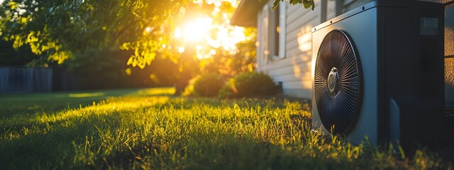 A close-up of an air source heat pump in the backyard, showcasing its energy-efficient design and modern aesthetics. The surrounding greenery adds to the eco-friendly vibe.