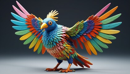 Obraz premium A colorful ceramic creature resembling a bird with exaggerated wings and no eyes, Generative AI